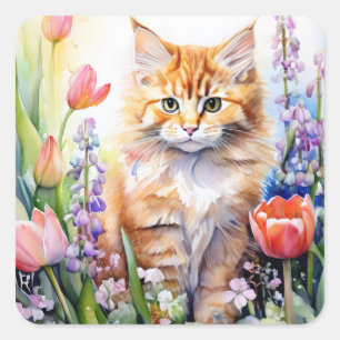 Sticker Carré Aquarelle Orange Tabby Kitty Chat Dans Le Jardin F