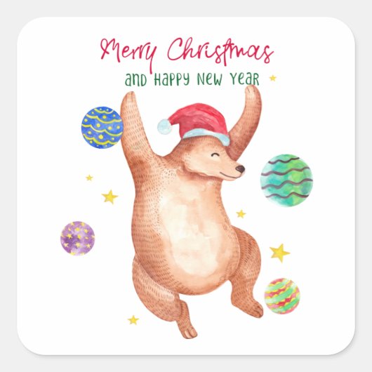 Sticker Carré Aquarelle Ours Danse Avec Ornements Noël (Devant)