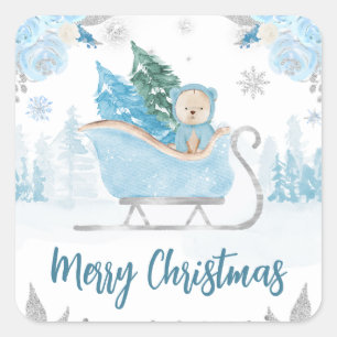 Sticker Carré Aquarelle Ourson Hivernal Bleu Mignon Floral Noël