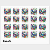 Sticker Carré Aquarelle Papillon Floral Fleurs Bleu rose (Feuille)