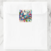 Sticker Carré Aquarelle Papillon Floral Fleurs Bleu rose (Sac)