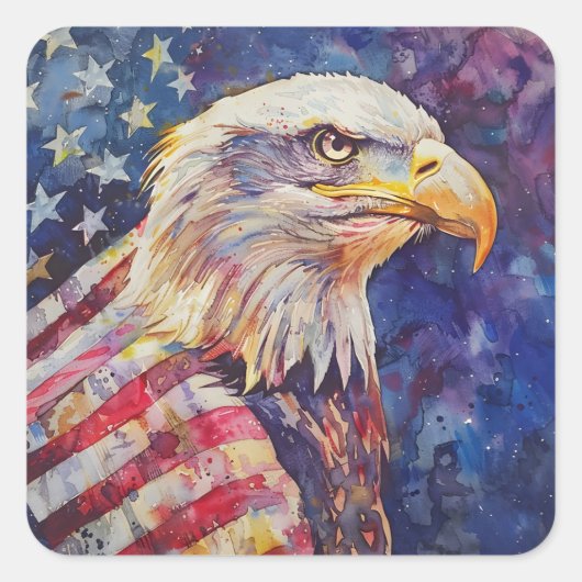 Sticker Carré Aquarelle Patriotic Bald Eagle drapeau américain (Devant)