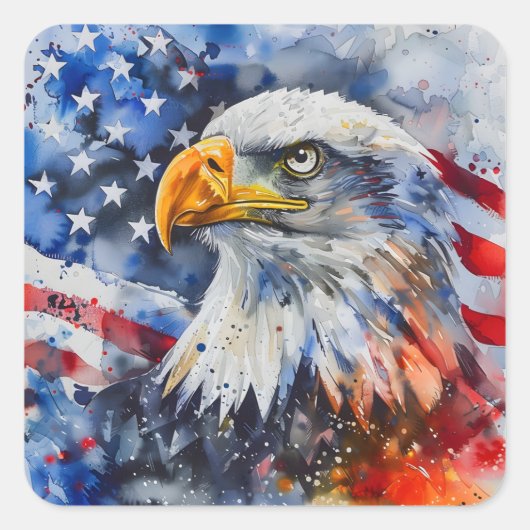 Sticker Carré Aquarelle Patriotic Bald Eagle drapeau américain (Devant)
