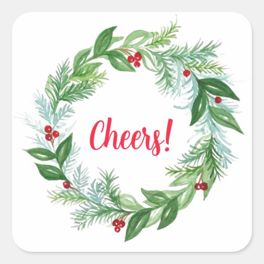 Sticker Carré Aquarelle peinte à la main Noël Vacances Wreath (Devant)