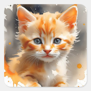 Sticker Carré Aquarelle peinture d'un chat orange mignon