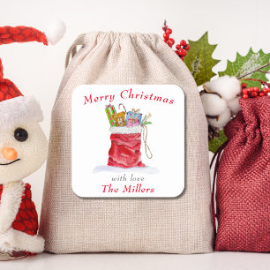 Sticker Carré Aquarelle Père Noël Sac cadeau Noël