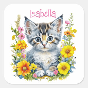 Sticker Carré Aquarelle personnalisée en gris chaton et fleurs