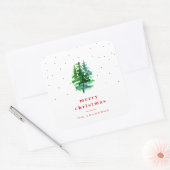 Sticker Carré Aquarelle Pine Arbres avec Joyeux Noël Rouge (Enveloppe)