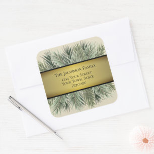 Sticker Carré Aquarelle Pine & Gold Ribon Adresse de vacances