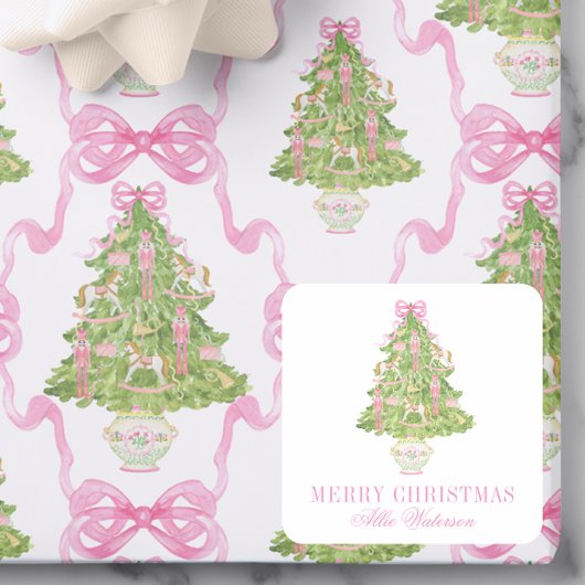 Sticker Carré Aquarelle Pink Nutcracker Tree Noël