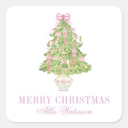 Sticker Carré Aquarelle Pink Nutcracker Tree Noël (Devant)