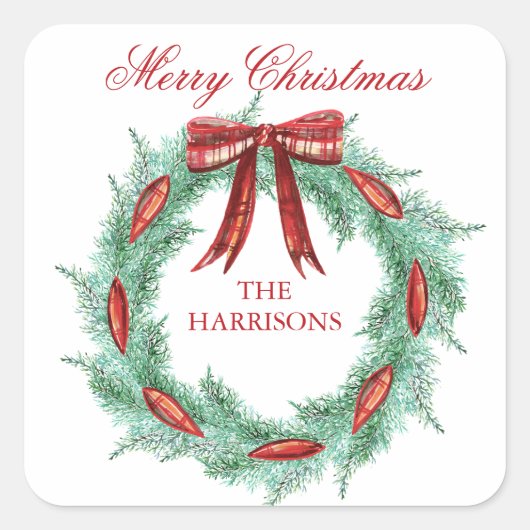 Sticker Carré Aquarelle Plaid Ruban Wreath Noël (Devant)