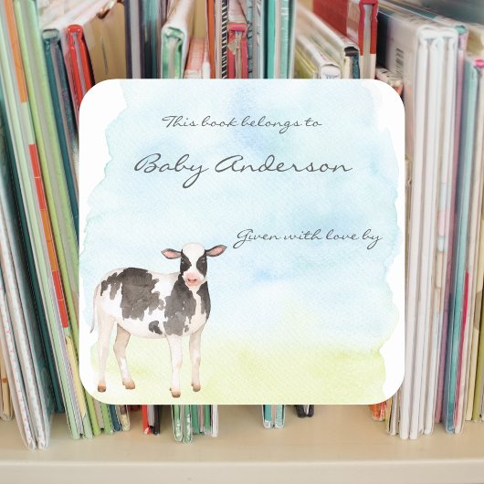 Sticker Carré Aquarelle Plaque de baby shower de veau de vache b