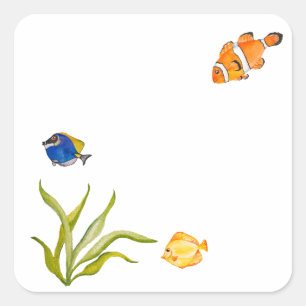 Sticker Carré Aquarelle poissons de mer et algues