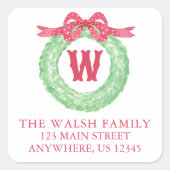 Sticker Carré Aquarelle Polka Dot Bow Monogram Wreath Adresse (Devant)