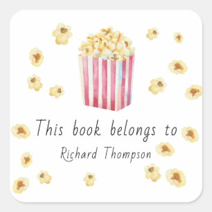 Sticker Carré Aquarelle Popcorn Ce livre appartient à