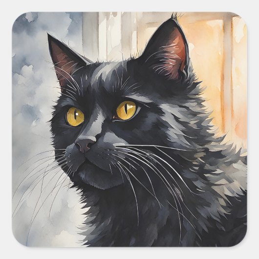 Sticker Carré Aquarelle Portrait de chat noir Pose Windows (Devant)