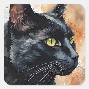 Sticker Carré Aquarelle Portrait de chat noir vert yeux poitrine