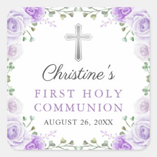 Sticker Carré Aquarelle Purple Floral Première Communion Sainte