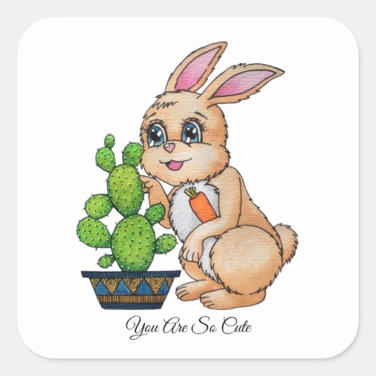 Sticker Carré Aquarelle Rabbit Et Cactus Mignons (Devant)