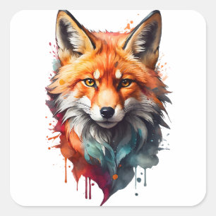 Sticker Carré Aquarelle Red Fox Splatz Portrait Encre Splash