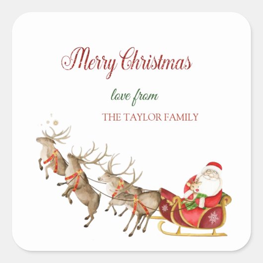 Sticker Carré Aquarelle Rennes Père Noël Sleigh Noël (Devant)