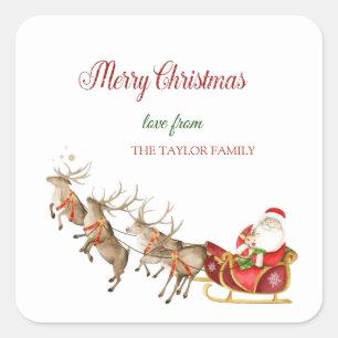 Sticker Carré Aquarelle Rennes Père Noël Sleigh Noël