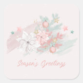 Sticker Carré Aquarelle Retro Poinsettias rose et vert (Devant)