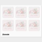 Sticker Carré Aquarelle Retro Poinsettias rose et vert (Feuille)