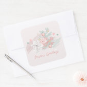 Sticker Carré Aquarelle Retro Poinsettias rose et vert (Enveloppe)