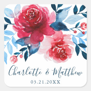 Sticker Carré Aquarelle romantique Rouge Bleu Floral Mariage