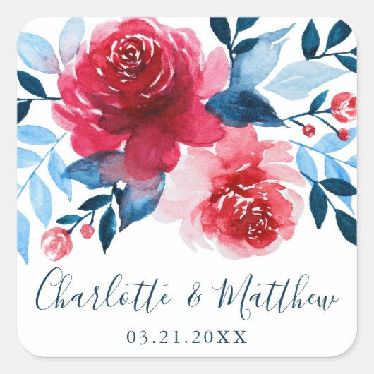 Sticker Carré Aquarelle romantique Rouge Bleu Floral Mariage (Devant)