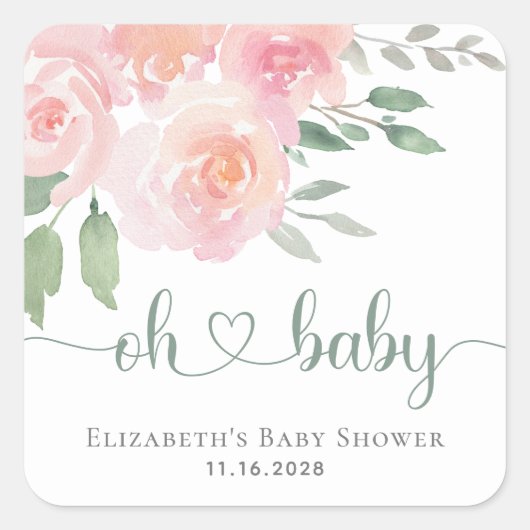 Sticker Carré Aquarelle rose baby shower (Devant)