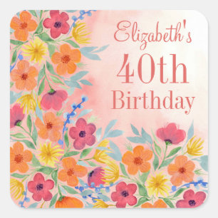 Sticker Carré Aquarelle rose Botanique Personnalisée Anniversair