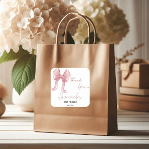 Sticker Carré Aquarelle rose Bow Girl Baby shower Merci