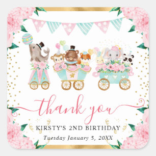 Sticker Carré Aquarelle Rose Circus Animaux Floral Anniversaire