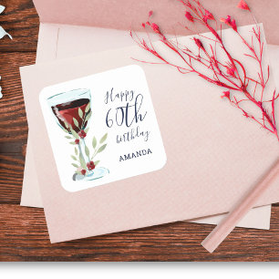 Sticker Carré Aquarelle Rose de vin rouge 60e anniversaire