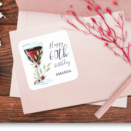 Sticker Carré Aquarelle Rose de vin rouge 60e anniversaire