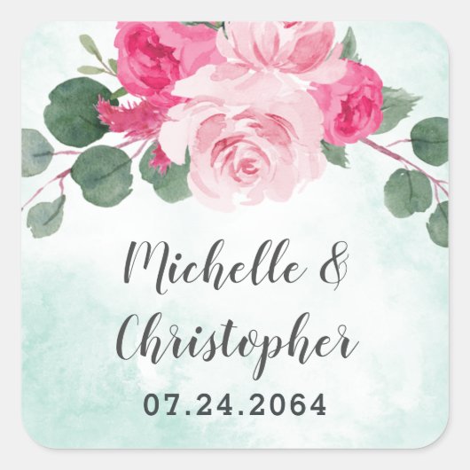 Sticker Carré Aquarelle rose et argent Mariage floral (Devant)