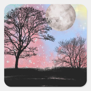 Sticker Carré Aquarelle Rose Et Bleu Ciel Arbres Et Lune