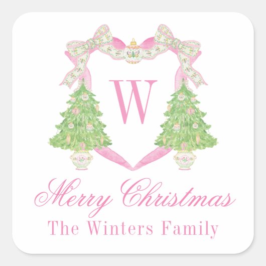 Sticker Carré Aquarelle rose et vert Noël Monogramme Crest (Devant)