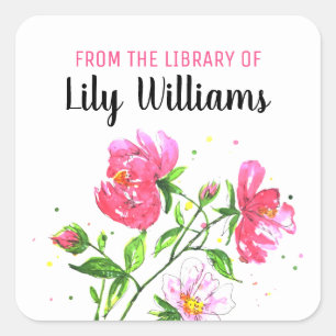 Sticker Carré Aquarelle rose Floral Library Plaque de bibliothèq