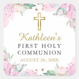 Sticker Carré Aquarelle Rose Floral Première Communion Sainte