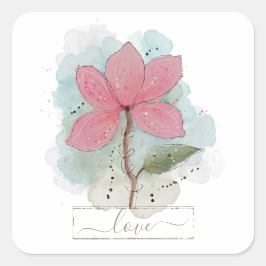 Sticker Carré Aquarelle rose Flower Love (Devant)