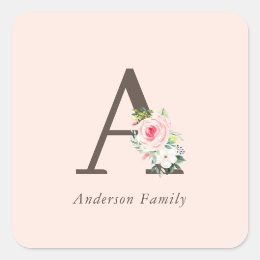 Sticker Carré Aquarelle rose Monogramme floral (Devant)