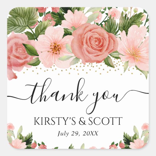 Sticker Carré Aquarelle rose Roses fleurs Mariage (Devant)