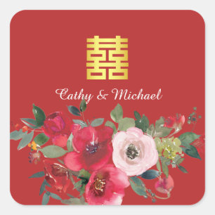 Sticker Carré Aquarelle rose rouge floral moderne double bonheur