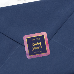 Sticker Carré Aquarelle rose violet et Baby shower or Faux