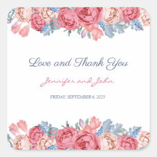 Sticker Carré Aquarelle Roses roses et Fleurs Bleues Mariage chi