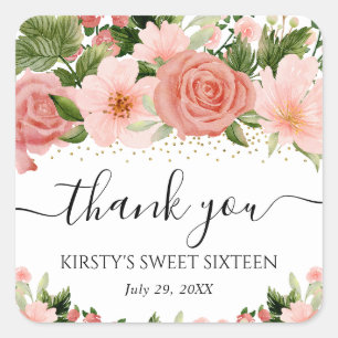 Sticker Carré Aquarelle Roses roses roses tendres Seize ans
